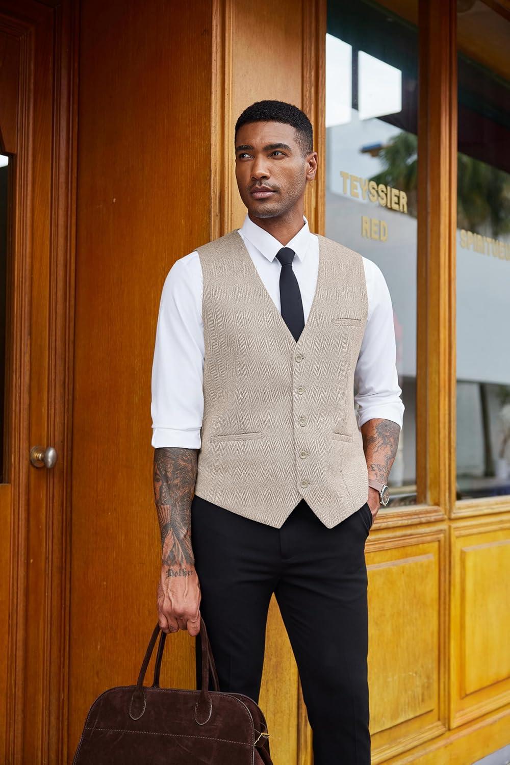 imageCOOFANDY Mens Herringbone Tweed Suit Vests Slim Fit Waistcoat Casual Business Dress VestLight Khaki