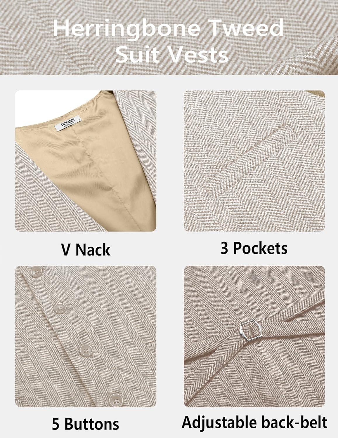 imageCOOFANDY Mens Herringbone Tweed Suit Vests Slim Fit Waistcoat Casual Business Dress VestLight Khaki