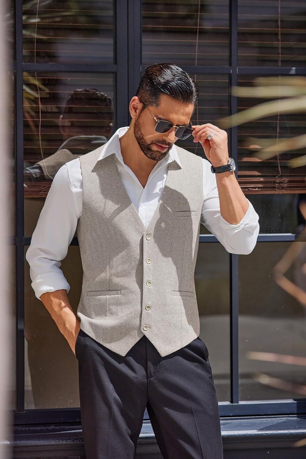 imageCOOFANDY Mens Herringbone Tweed Suit Vests Slim Fit Waistcoat Casual Business Dress VestLight Khaki