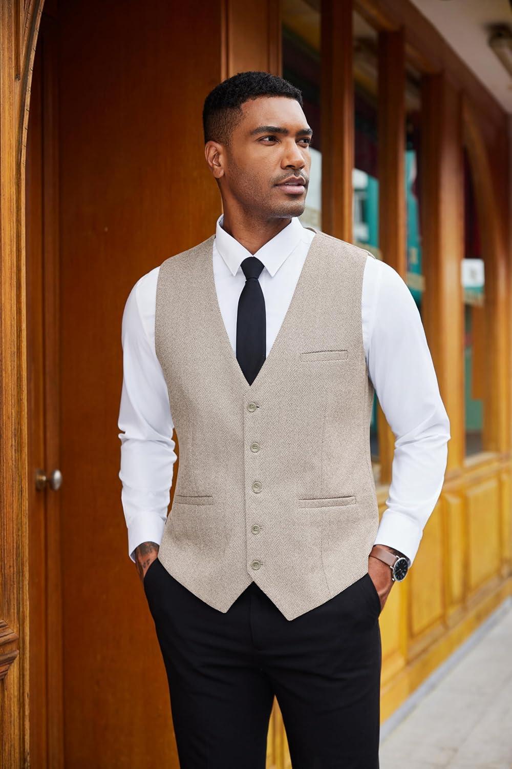 imageCOOFANDY Mens Herringbone Tweed Suit Vests Slim Fit Waistcoat Casual Business Dress VestLight Khaki