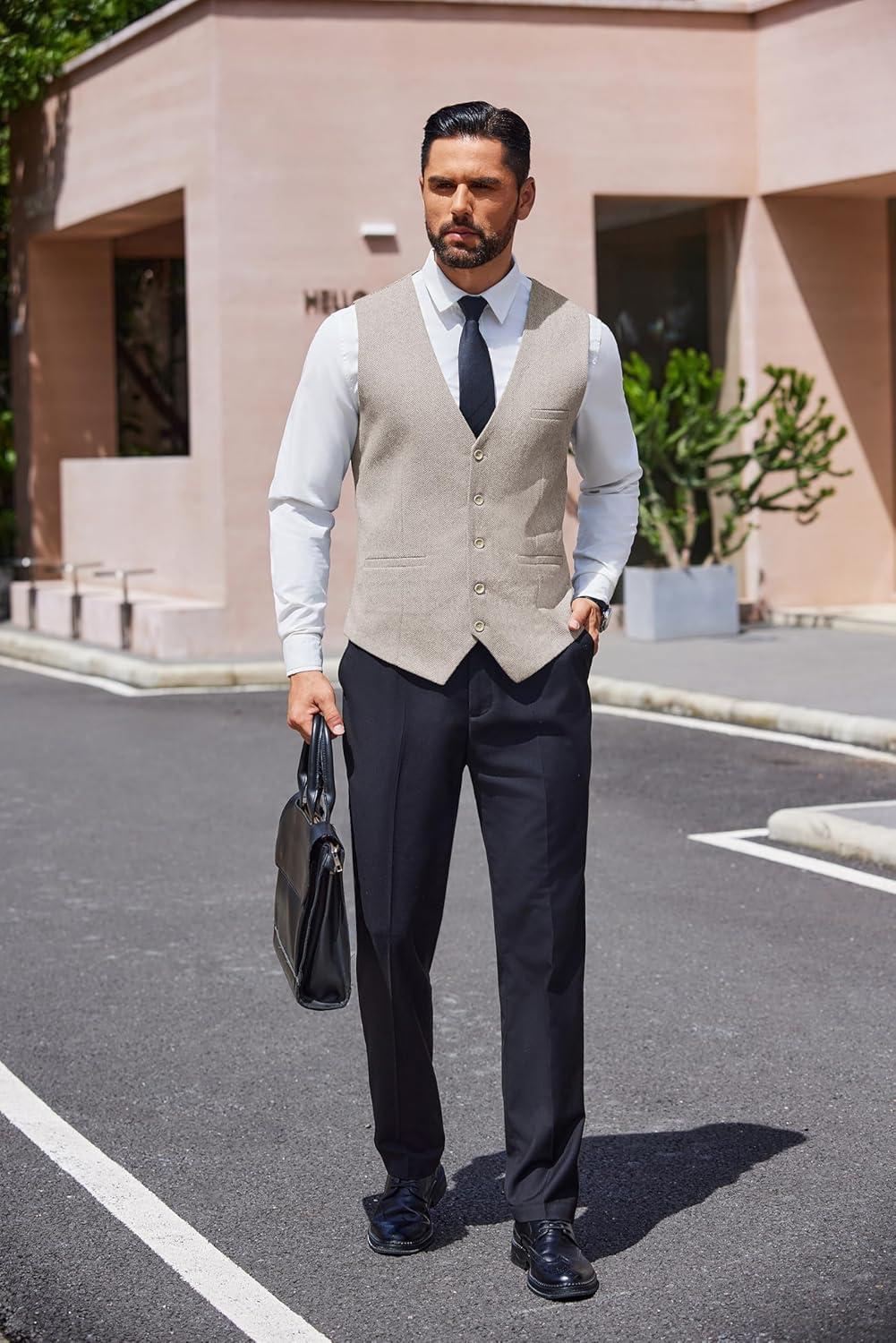 imageCOOFANDY Mens Herringbone Tweed Suit Vests Slim Fit Waistcoat Casual Business Dress VestLight Khaki