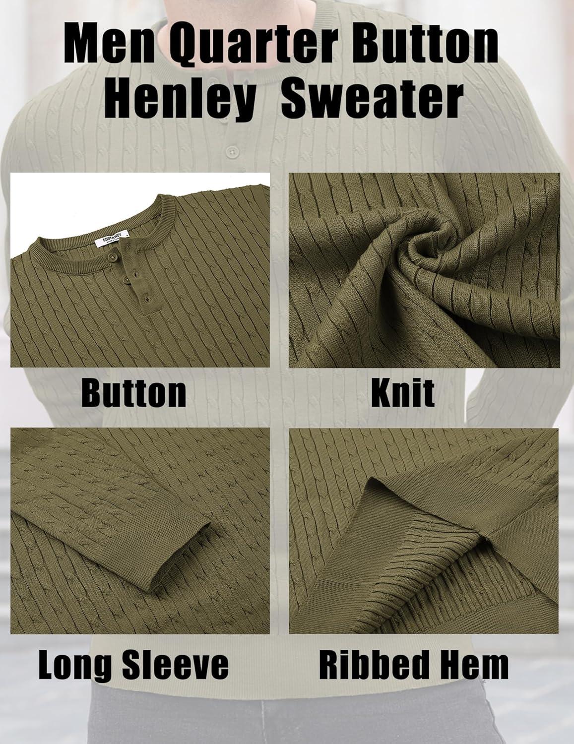 imageCOOFANDY Mens Knit Henley Sweater Long Sleeve Button Down Fall Sweaters and PulloversArmy Green