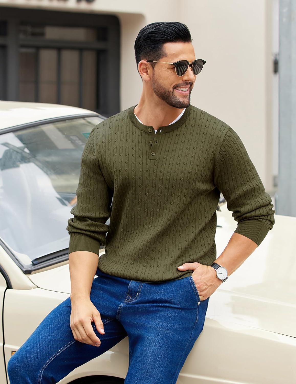 imageCOOFANDY Mens Knit Henley Sweater Long Sleeve Button Down Fall Sweaters and PulloversArmy Green