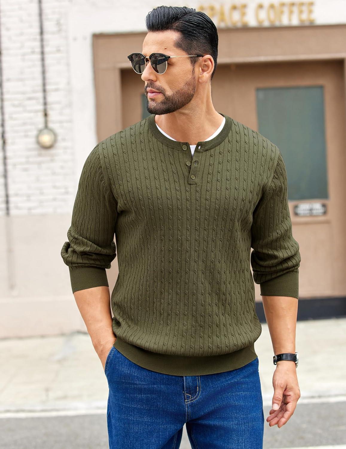 imageCOOFANDY Mens Knit Henley Sweater Long Sleeve Button Down Fall Sweaters and PulloversArmy Green
