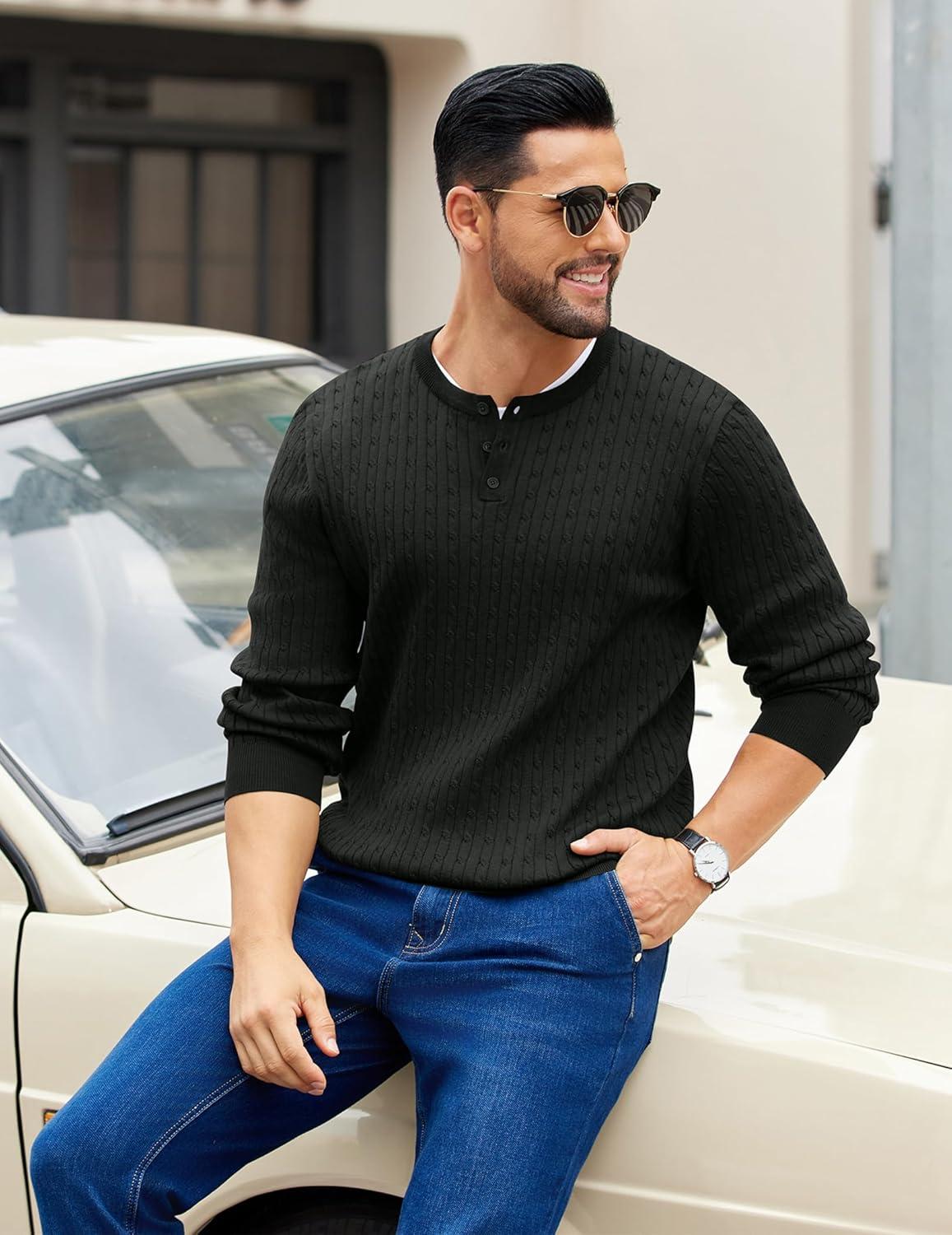 imageCOOFANDY Mens Knit Henley Sweater Long Sleeve Button Down Fall Sweaters and PulloversBlack