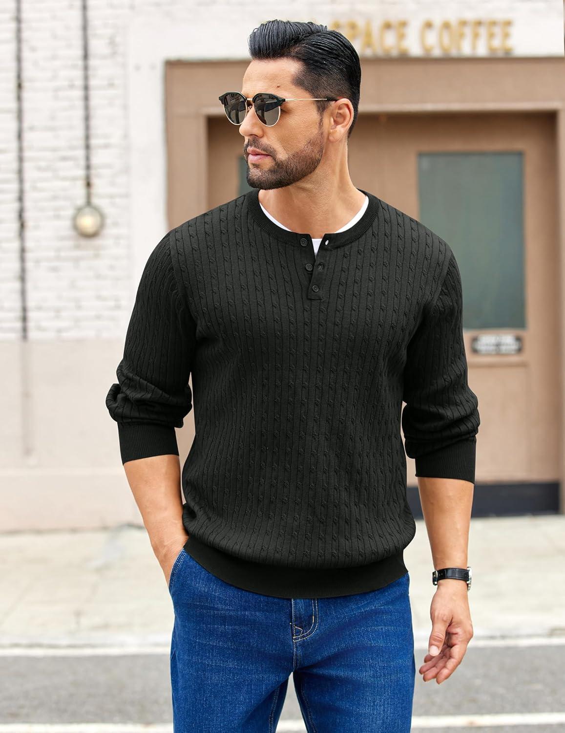 imageCOOFANDY Mens Knit Henley Sweater Long Sleeve Button Down Fall Sweaters and PulloversBlack