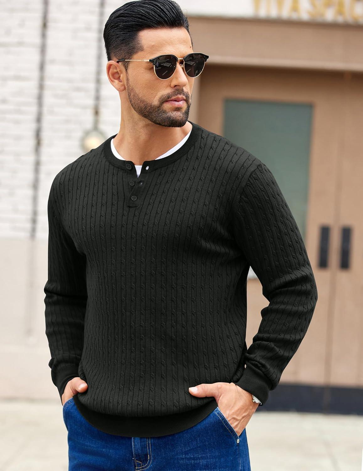 imageCOOFANDY Mens Knit Henley Sweater Long Sleeve Button Down Fall Sweaters and PulloversBlack