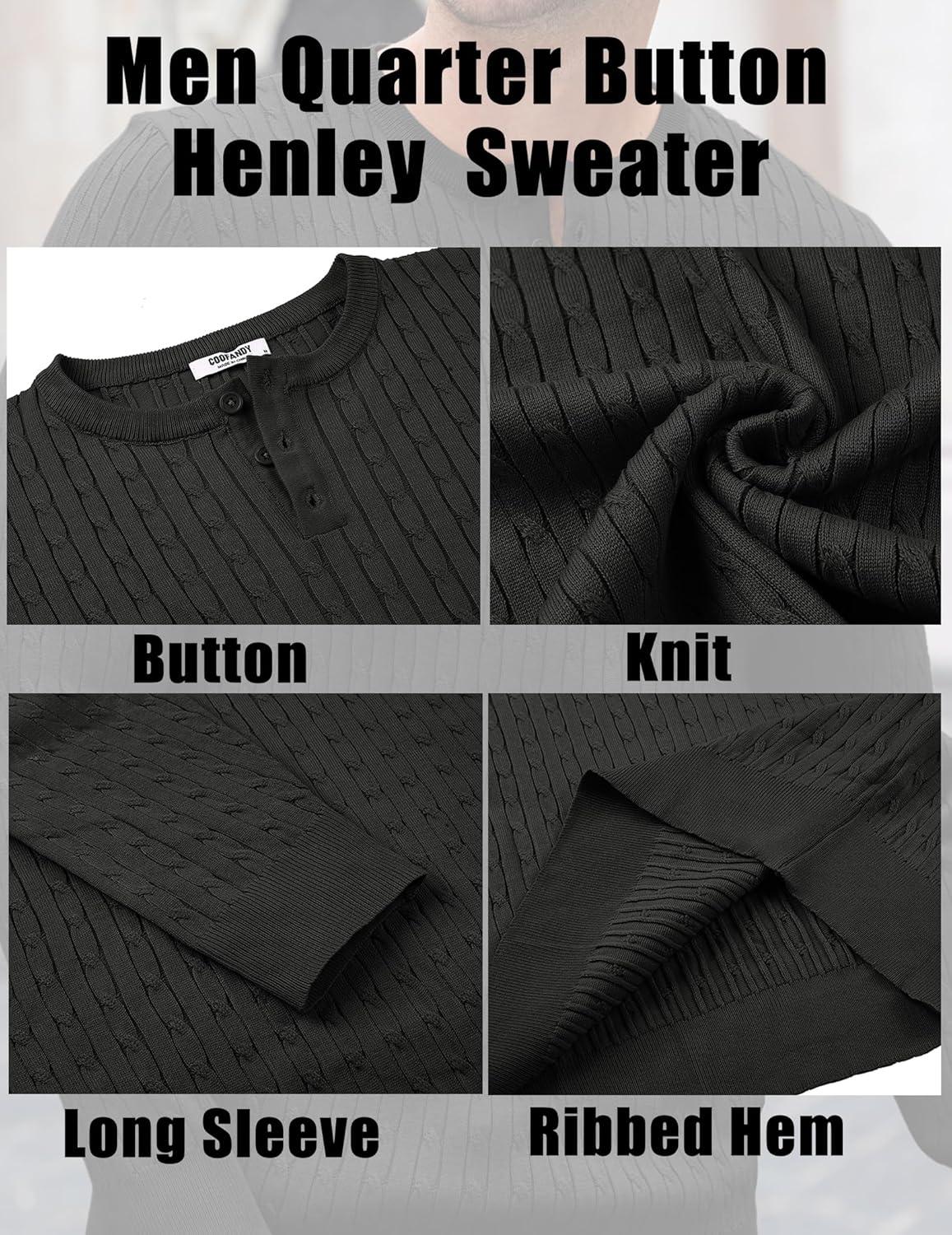 imageCOOFANDY Mens Knit Henley Sweater Long Sleeve Button Down Fall Sweaters and PulloversBlack