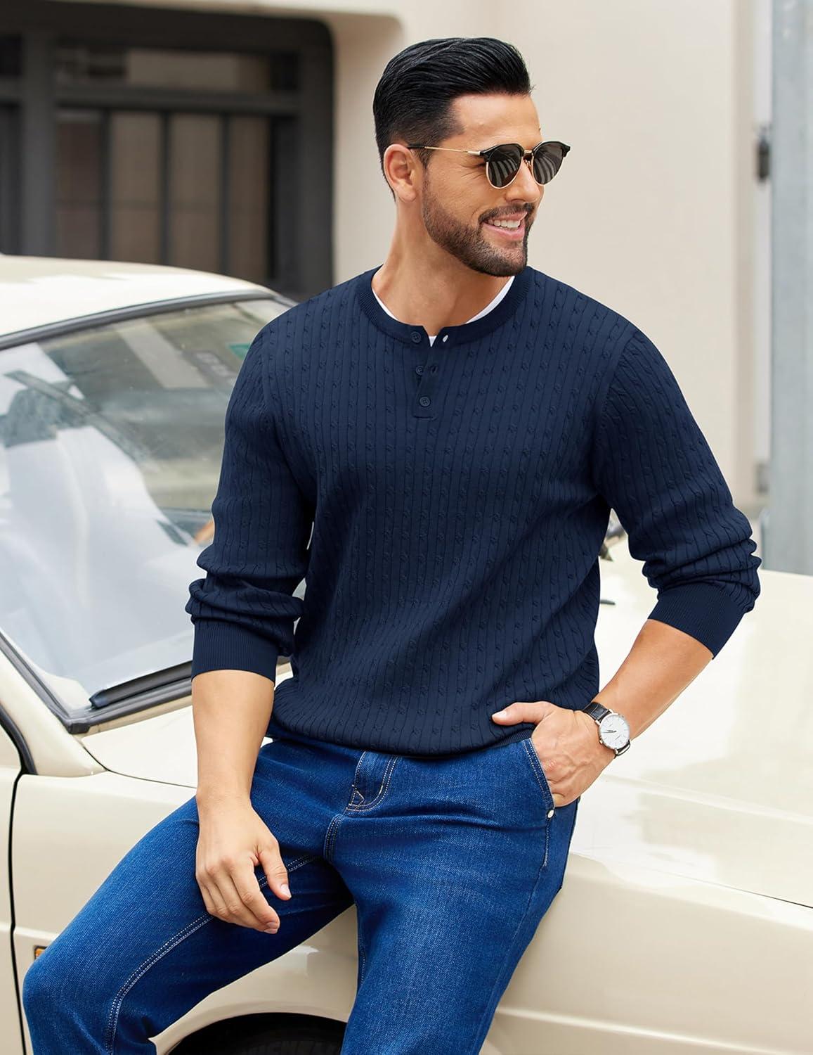 imageCOOFANDY Mens Knit Henley Sweater Long Sleeve Button Down Fall Sweaters and PulloversBlue Violet