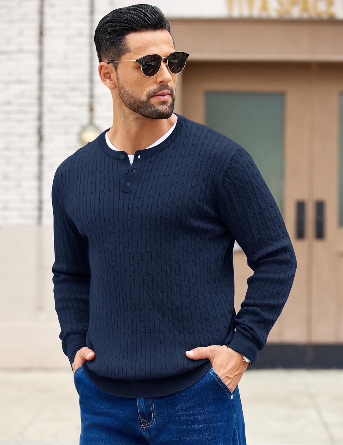 imageCOOFANDY Mens Knit Henley Sweater Long Sleeve Button Down Fall Sweaters and PulloversBlue Violet