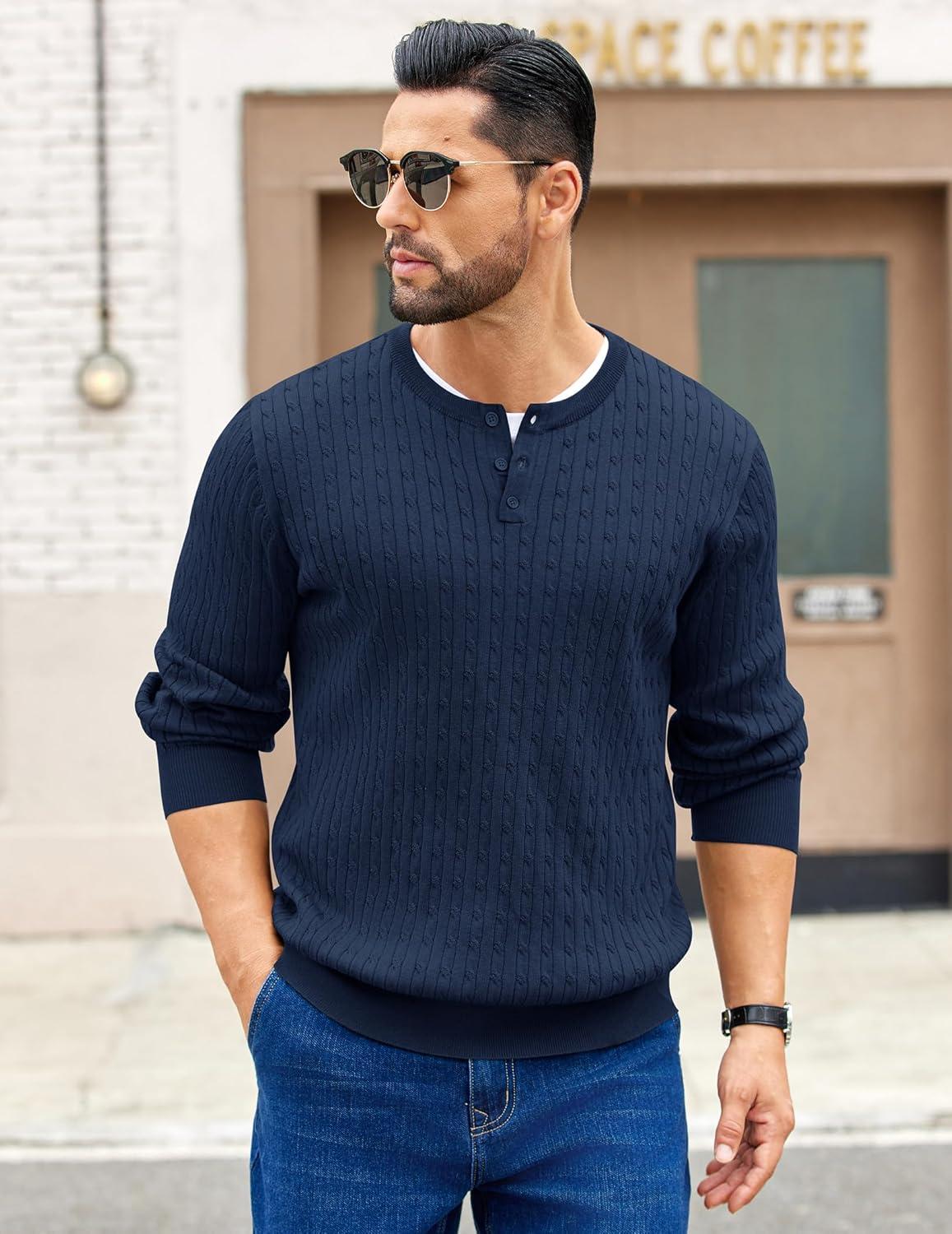 imageCOOFANDY Mens Knit Henley Sweater Long Sleeve Button Down Fall Sweaters and PulloversBlue Violet