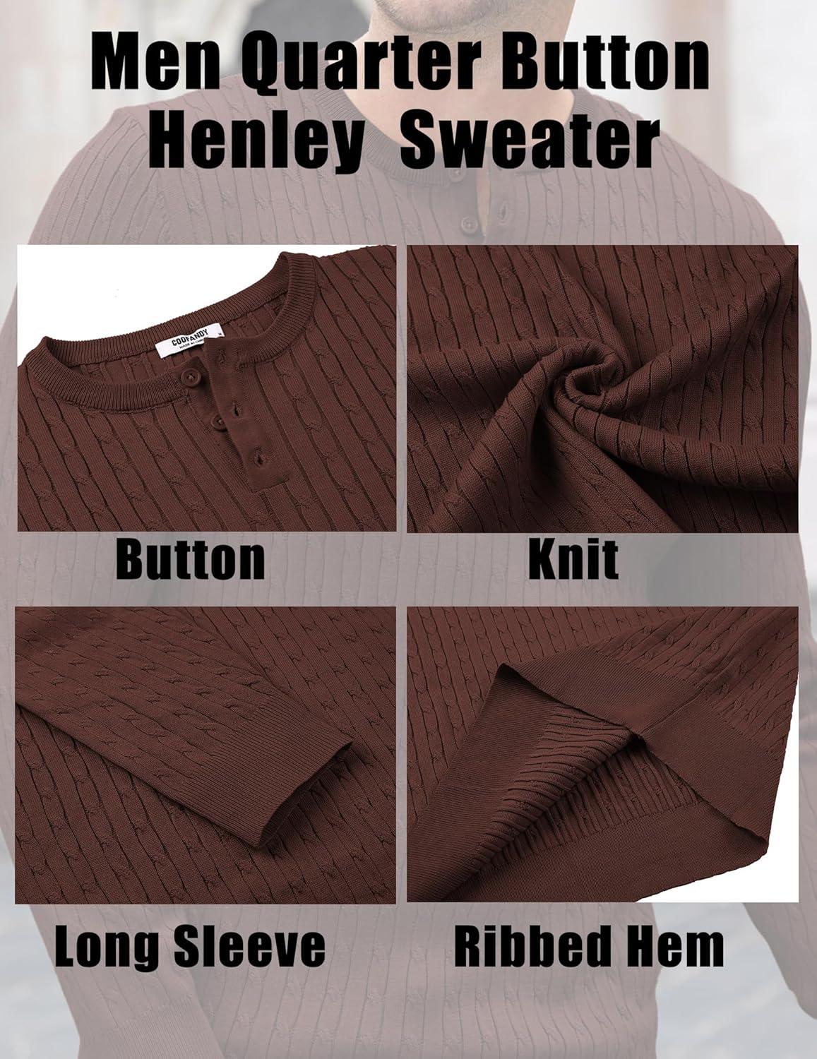 imageCOOFANDY Mens Knit Henley Sweater Long Sleeve Button Down Fall Sweaters and PulloversBrown