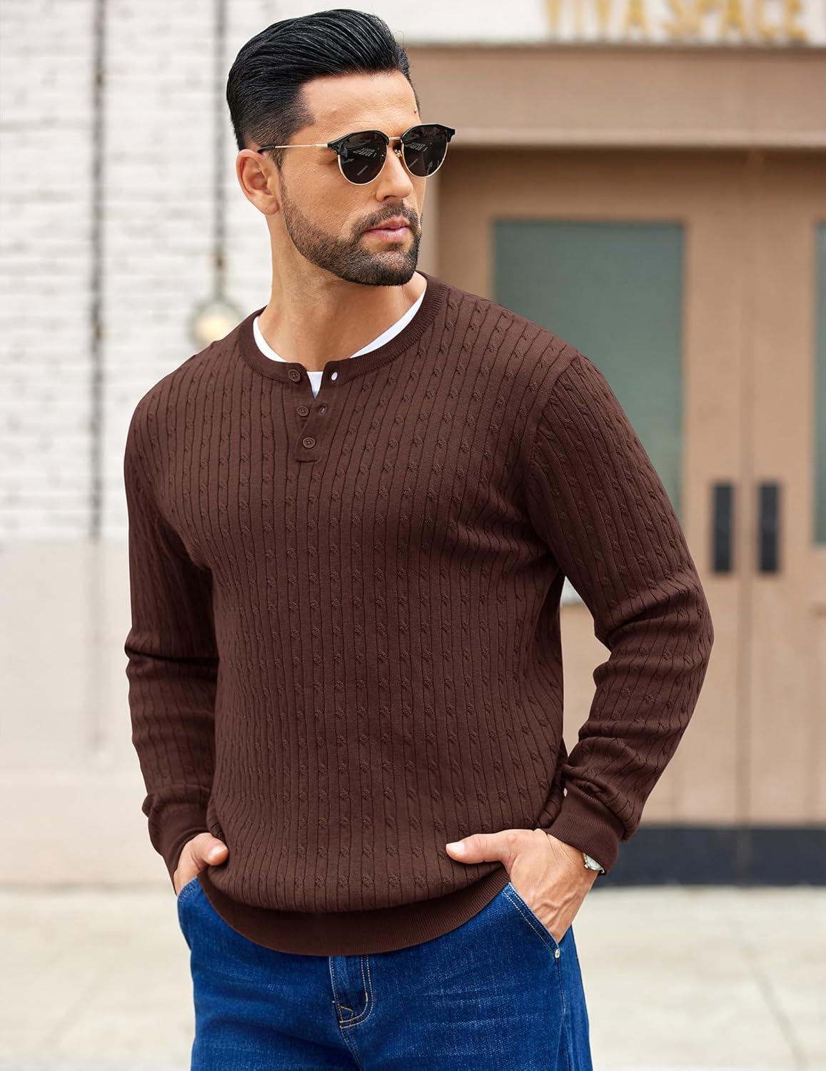 imageCOOFANDY Mens Knit Henley Sweater Long Sleeve Button Down Fall Sweaters and PulloversBrown