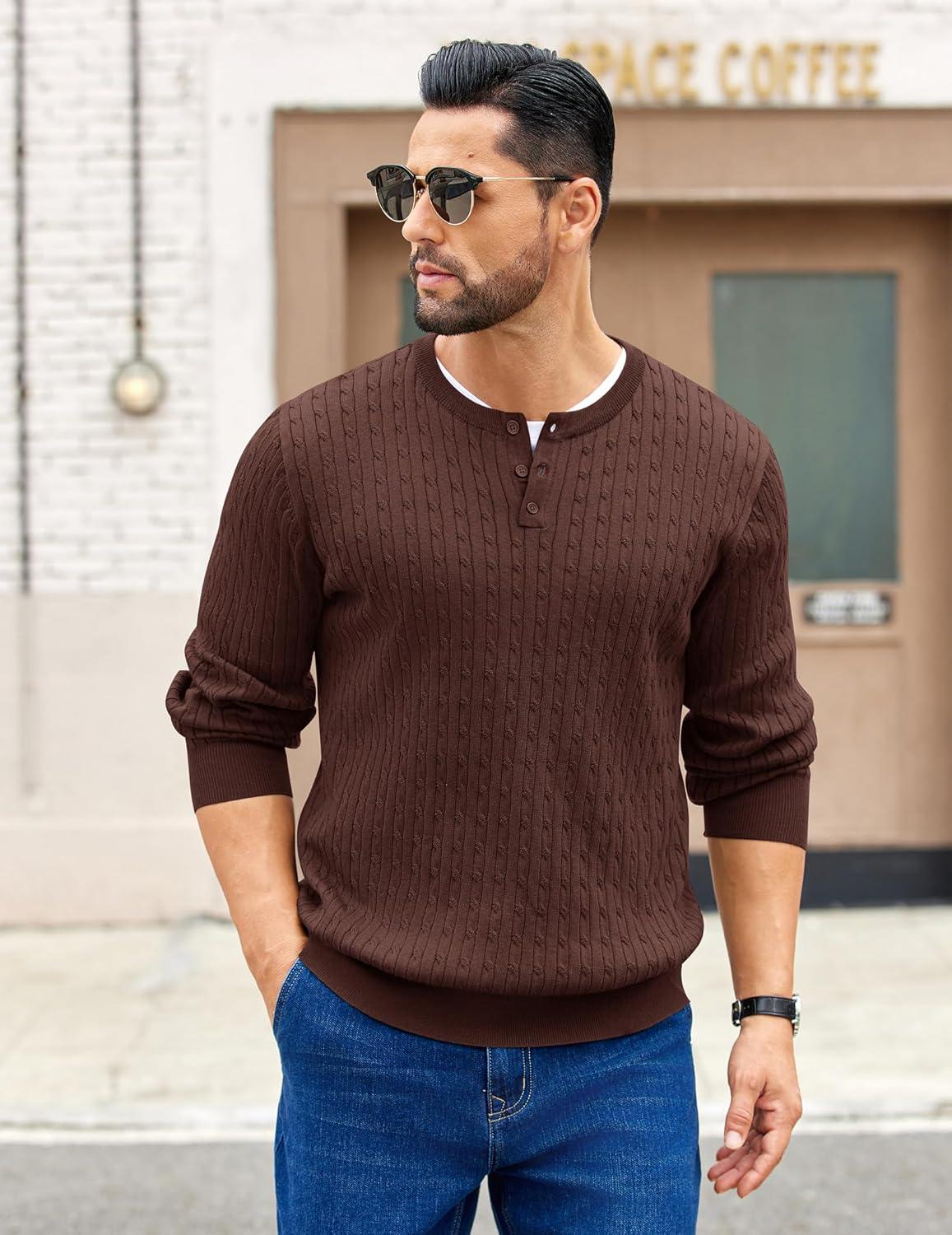 imageCOOFANDY Mens Knit Henley Sweater Long Sleeve Button Down Fall Sweaters and PulloversBrown