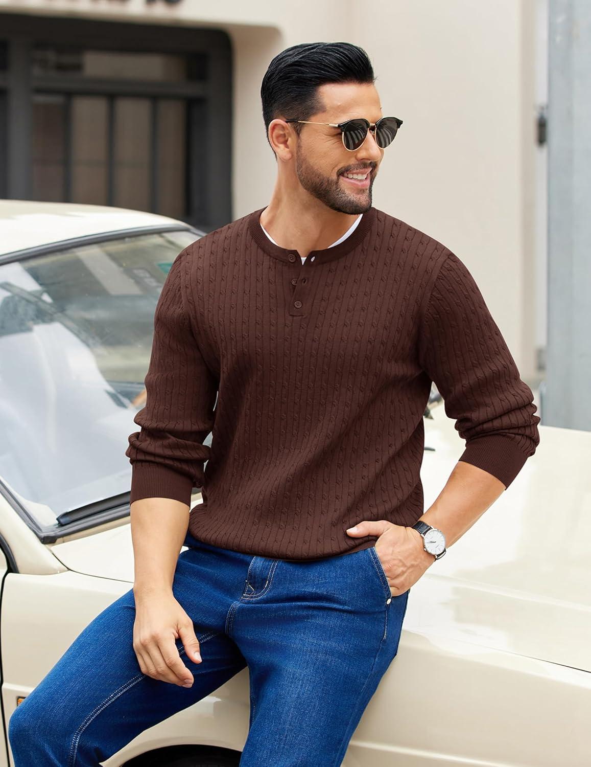 imageCOOFANDY Mens Knit Henley Sweater Long Sleeve Button Down Fall Sweaters and PulloversBrown