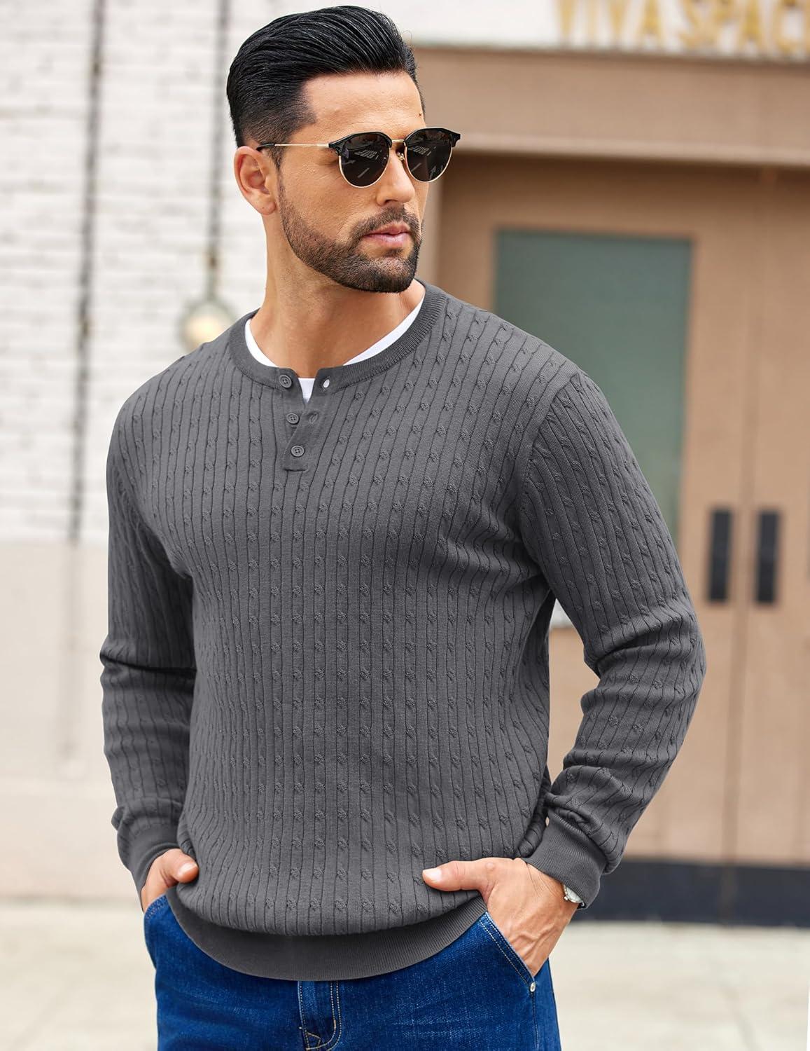 imageCOOFANDY Mens Knit Henley Sweater Long Sleeve Button Down Fall Sweaters and PulloversDark Grey