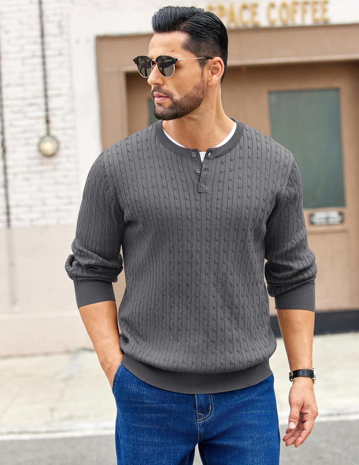 imageCOOFANDY Mens Knit Henley Sweater Long Sleeve Button Down Fall Sweaters and PulloversDark Grey