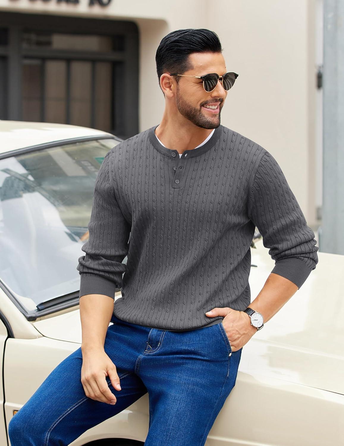 imageCOOFANDY Mens Knit Henley Sweater Long Sleeve Button Down Fall Sweaters and PulloversDark Grey