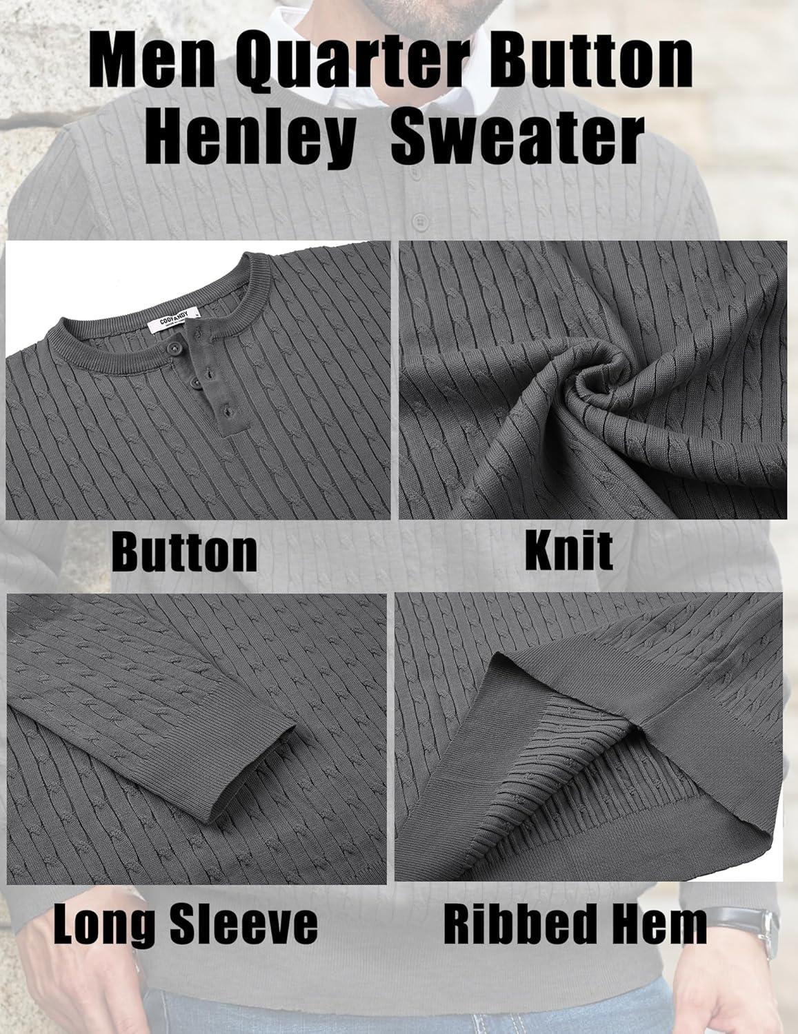 imageCOOFANDY Mens Knit Henley Sweater Long Sleeve Button Down Fall Sweaters and PulloversDark Grey