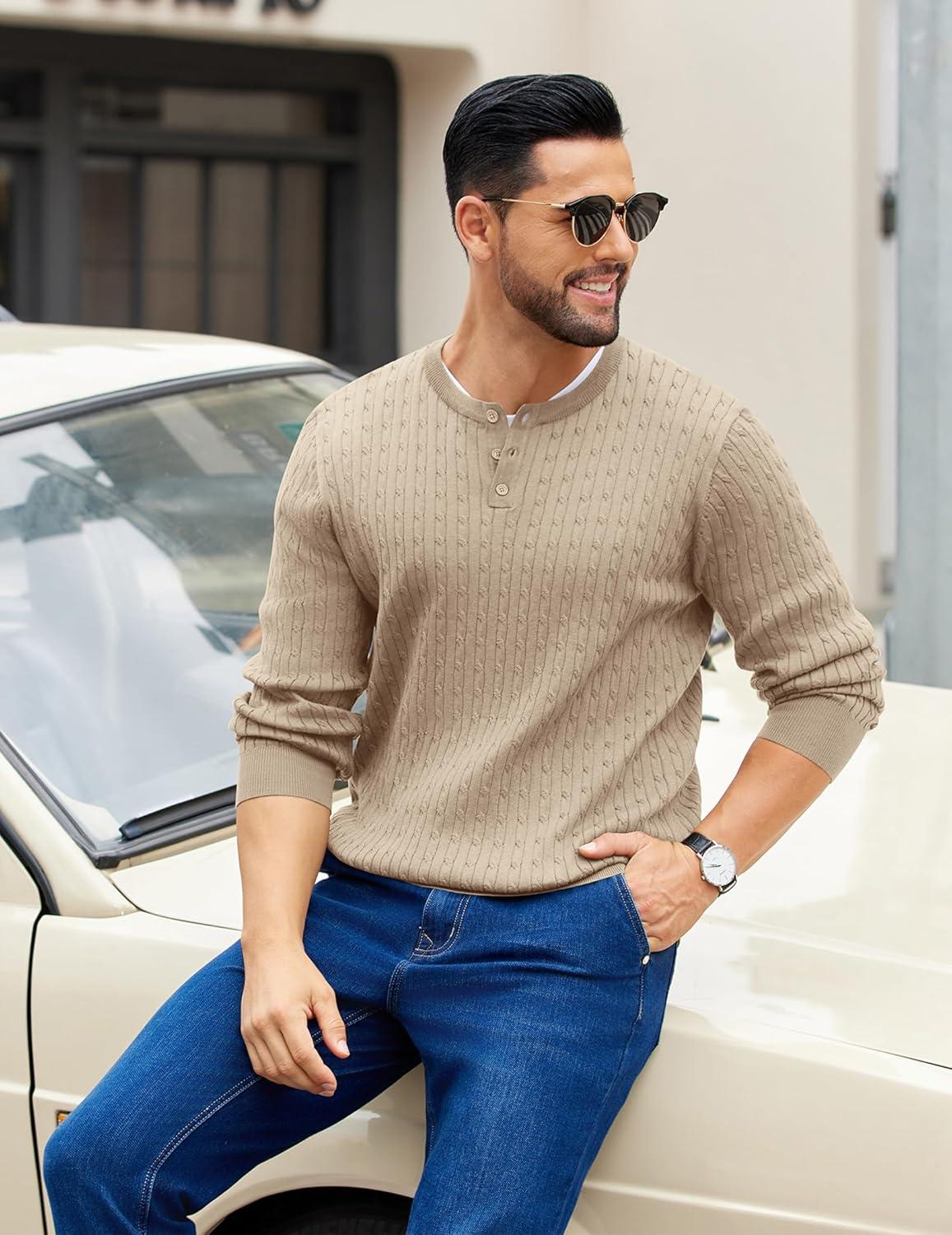 imageCOOFANDY Mens Knit Henley Sweater Long Sleeve Button Down Fall Sweaters and PulloversKhaki