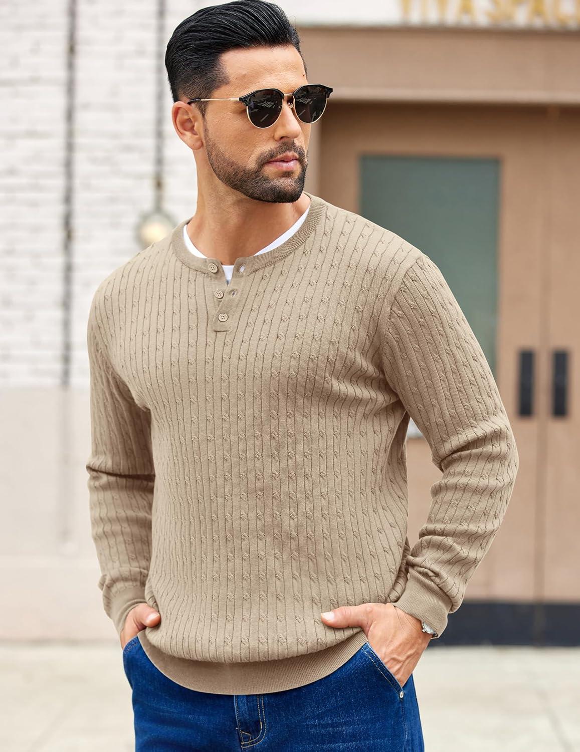 imageCOOFANDY Mens Knit Henley Sweater Long Sleeve Button Down Fall Sweaters and PulloversKhaki