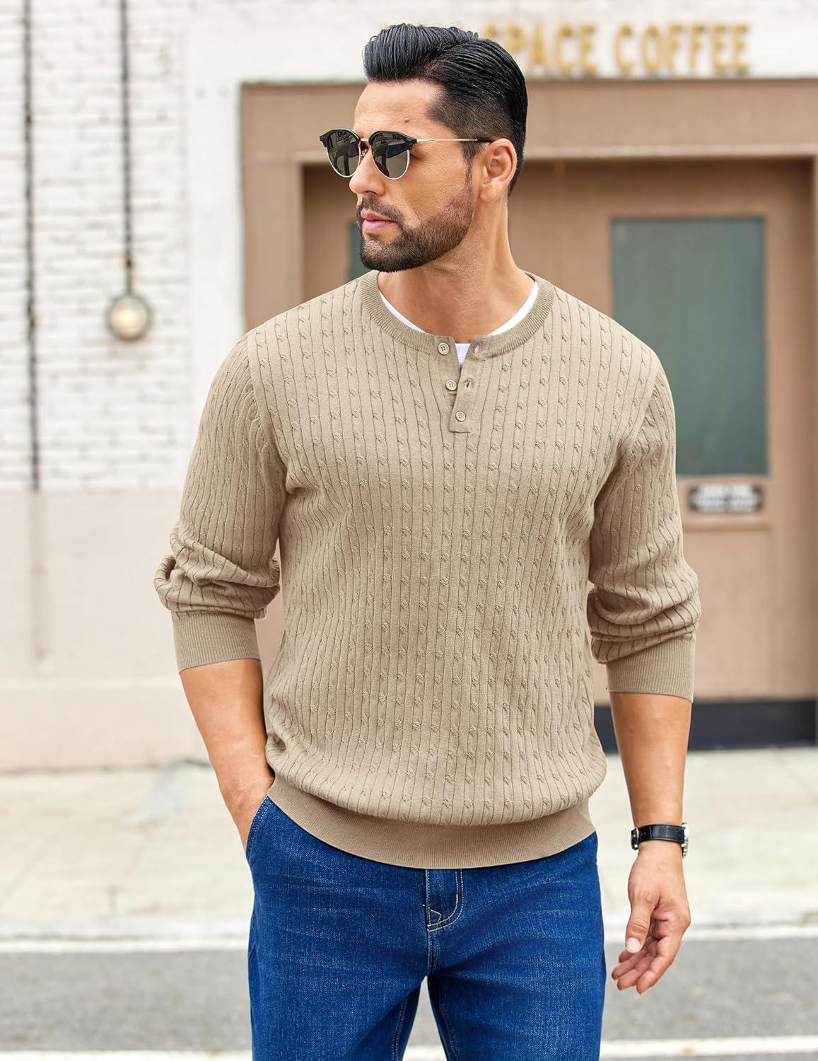 imageCOOFANDY Mens Knit Henley Sweater Long Sleeve Button Down Fall Sweaters and PulloversKhaki