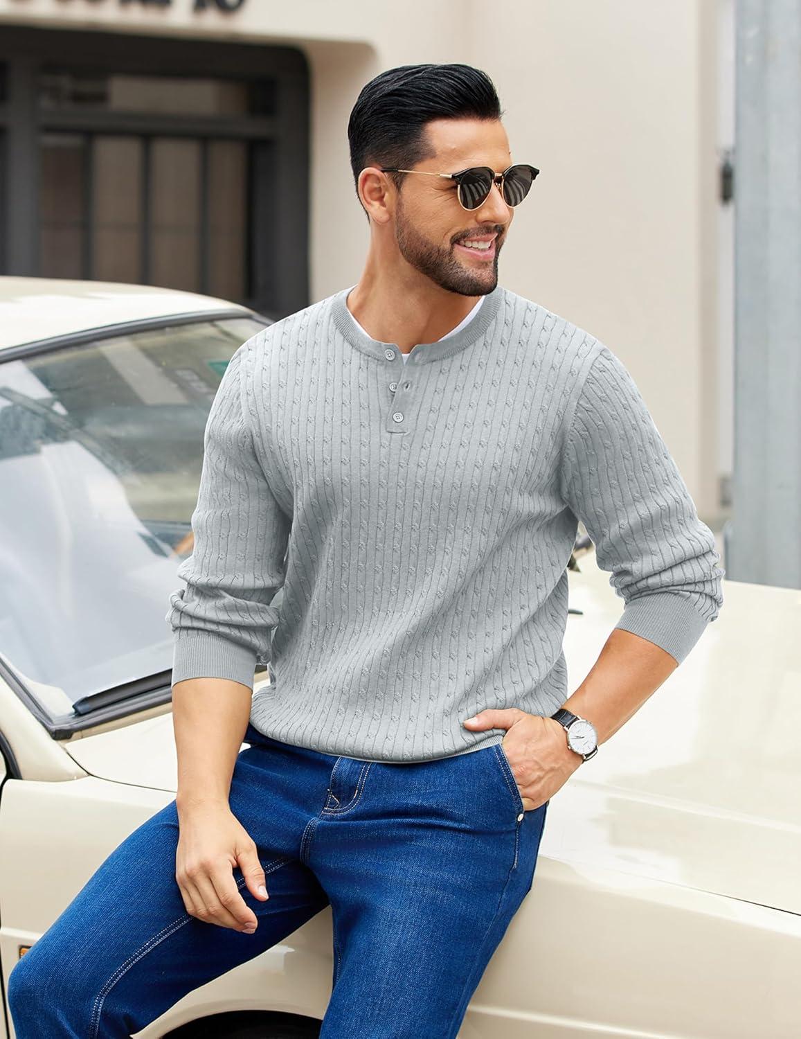 imageCOOFANDY Mens Knit Henley Sweater Long Sleeve Button Down Fall Sweaters and PulloversLight Grey