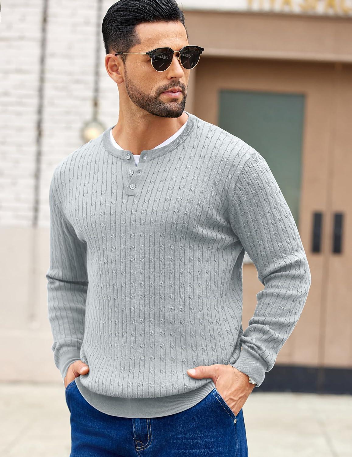 imageCOOFANDY Mens Knit Henley Sweater Long Sleeve Button Down Fall Sweaters and PulloversLight Grey