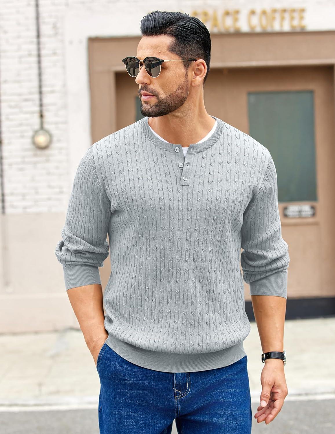 imageCOOFANDY Mens Knit Henley Sweater Long Sleeve Button Down Fall Sweaters and PulloversLight Grey