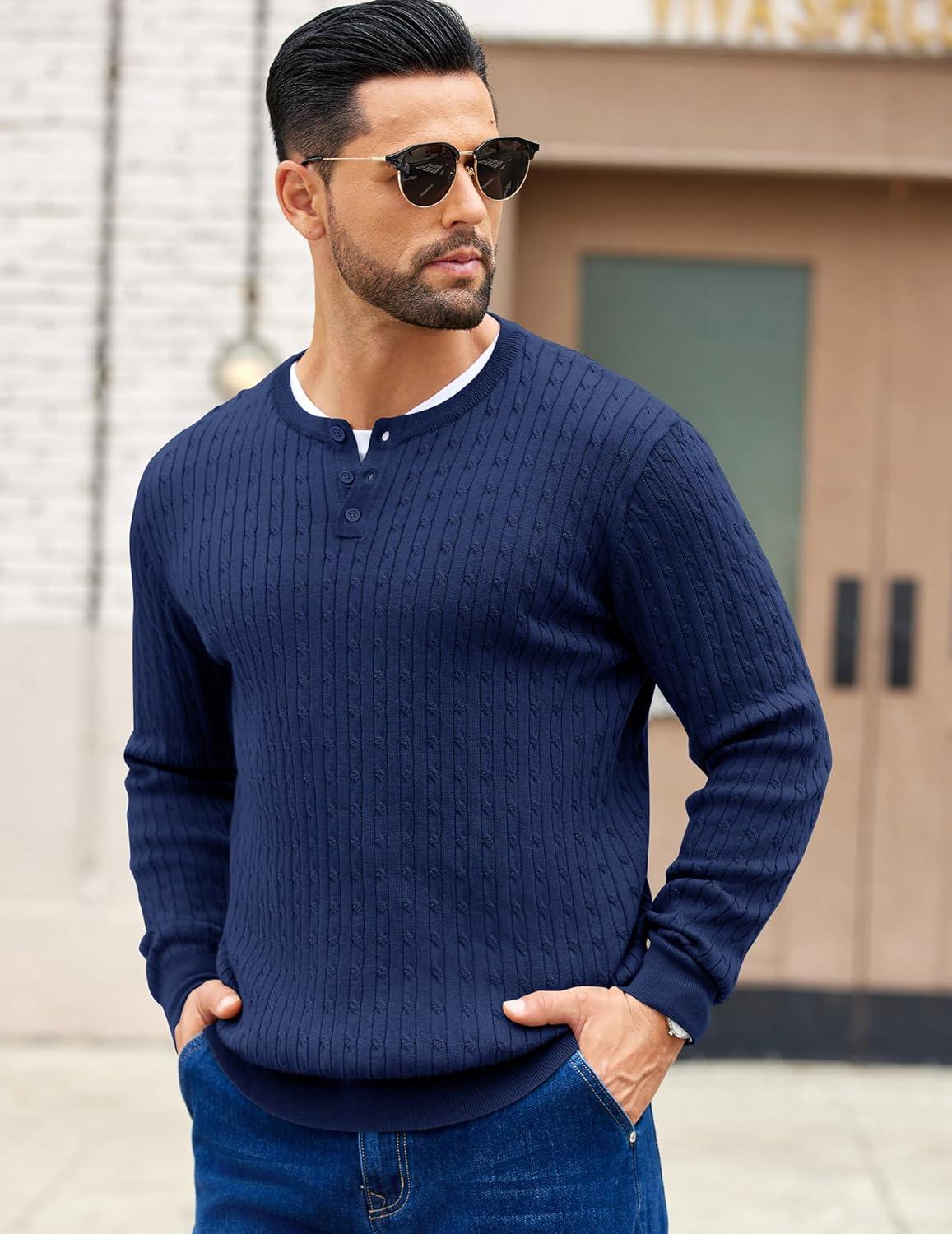 imageCOOFANDY Mens Knit Henley Sweater Long Sleeve Button Down Fall Sweaters and PulloversNavy Blue