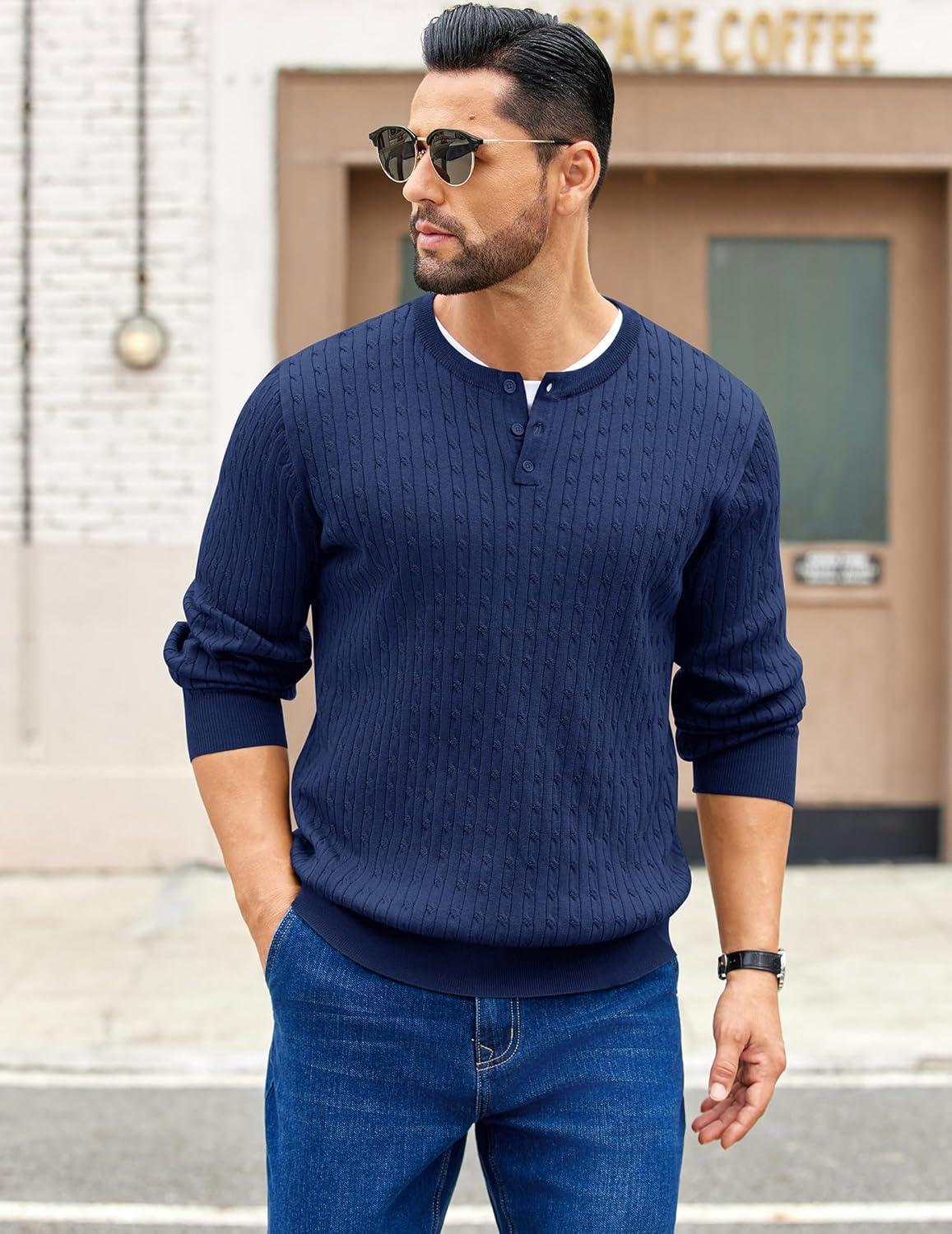 imageCOOFANDY Mens Knit Henley Sweater Long Sleeve Button Down Fall Sweaters and PulloversNavy Blue