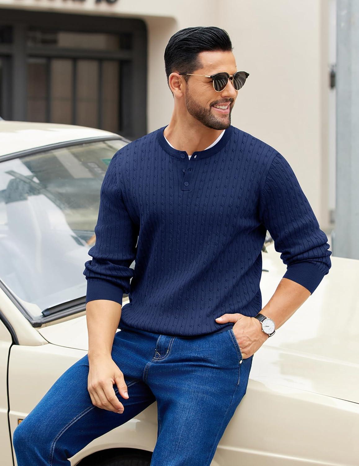 imageCOOFANDY Mens Knit Henley Sweater Long Sleeve Button Down Fall Sweaters and PulloversNavy Blue