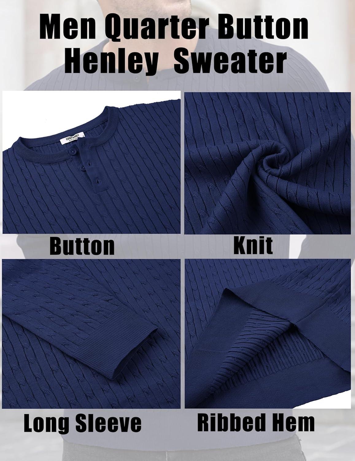 imageCOOFANDY Mens Knit Henley Sweater Long Sleeve Button Down Fall Sweaters and PulloversNavy Blue