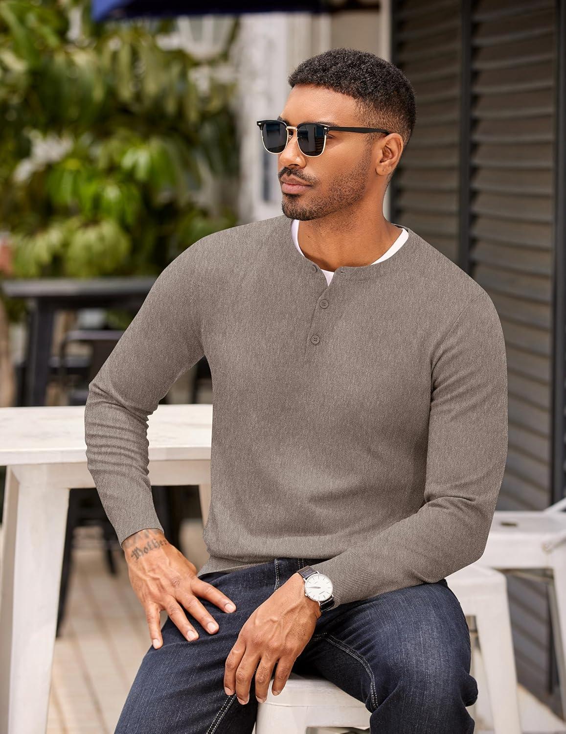imageCOOFANDY Mens Knit Henley TShirts Dress Long Sleeve Sweater Casual Collarless Quarter Button PulloverBrown