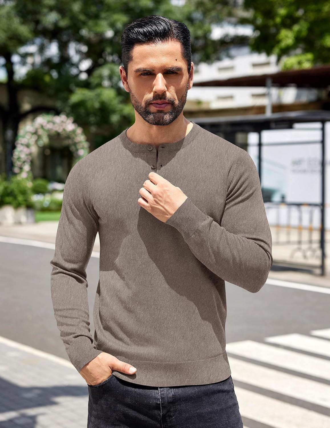 imageCOOFANDY Mens Knit Henley TShirts Dress Long Sleeve Sweater Casual Collarless Quarter Button PulloverBrown