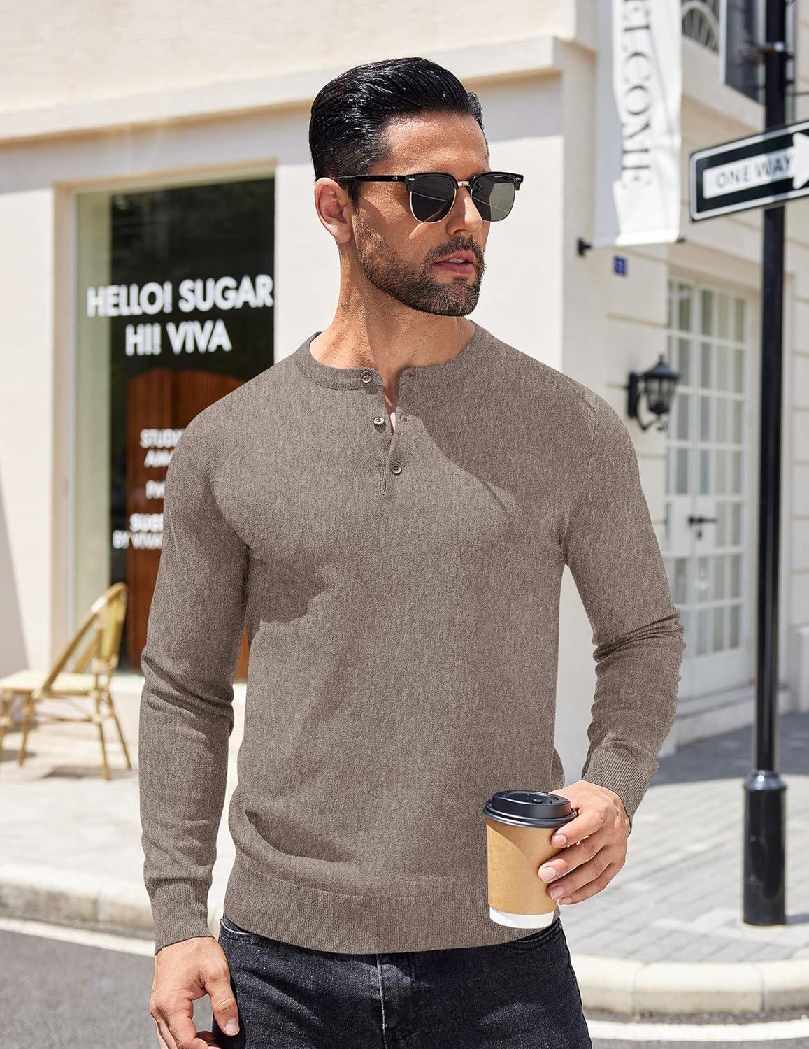 imageCOOFANDY Mens Knit Henley TShirts Dress Long Sleeve Sweater Casual Collarless Quarter Button PulloverBrown