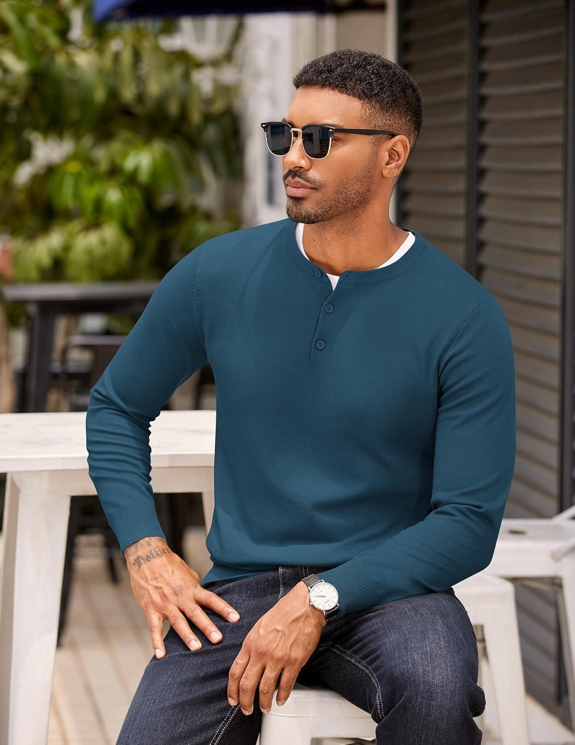 imageCOOFANDY Mens Knit Henley TShirts Dress Long Sleeve Sweater Casual Collarless Quarter Button PulloverDark Blue