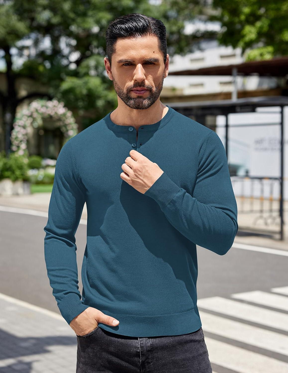 imageCOOFANDY Mens Knit Henley TShirts Dress Long Sleeve Sweater Casual Collarless Quarter Button PulloverDark Blue