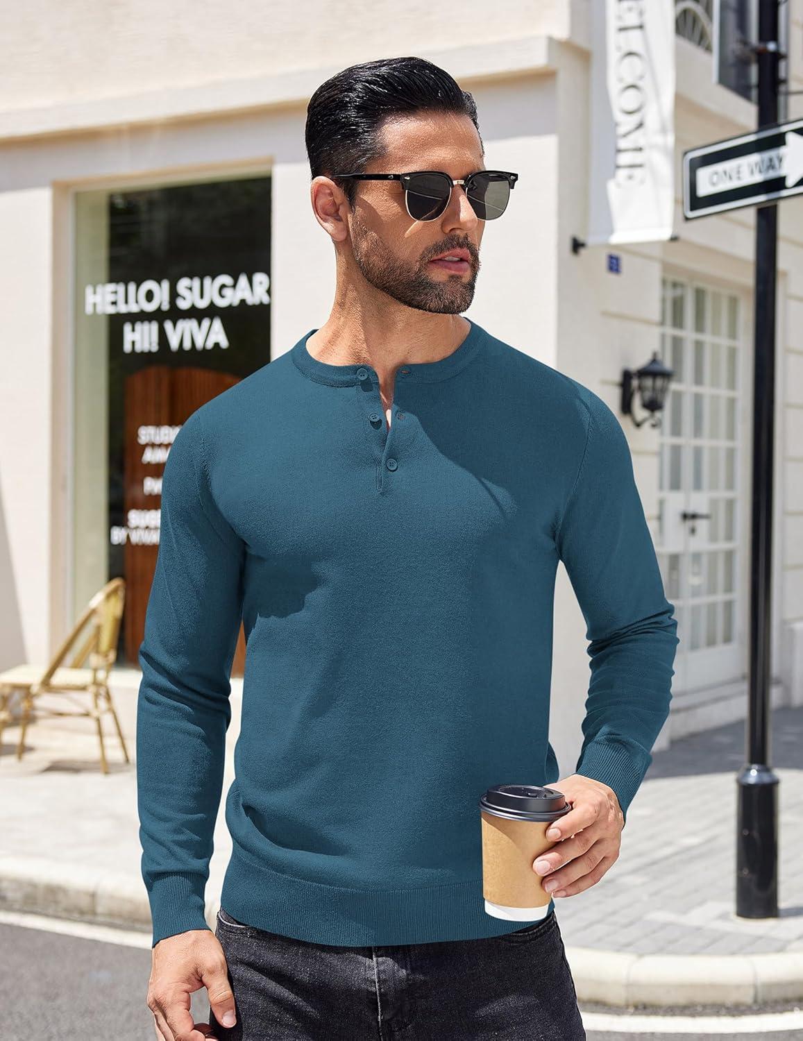 imageCOOFANDY Mens Knit Henley TShirts Dress Long Sleeve Sweater Casual Collarless Quarter Button PulloverDark Blue