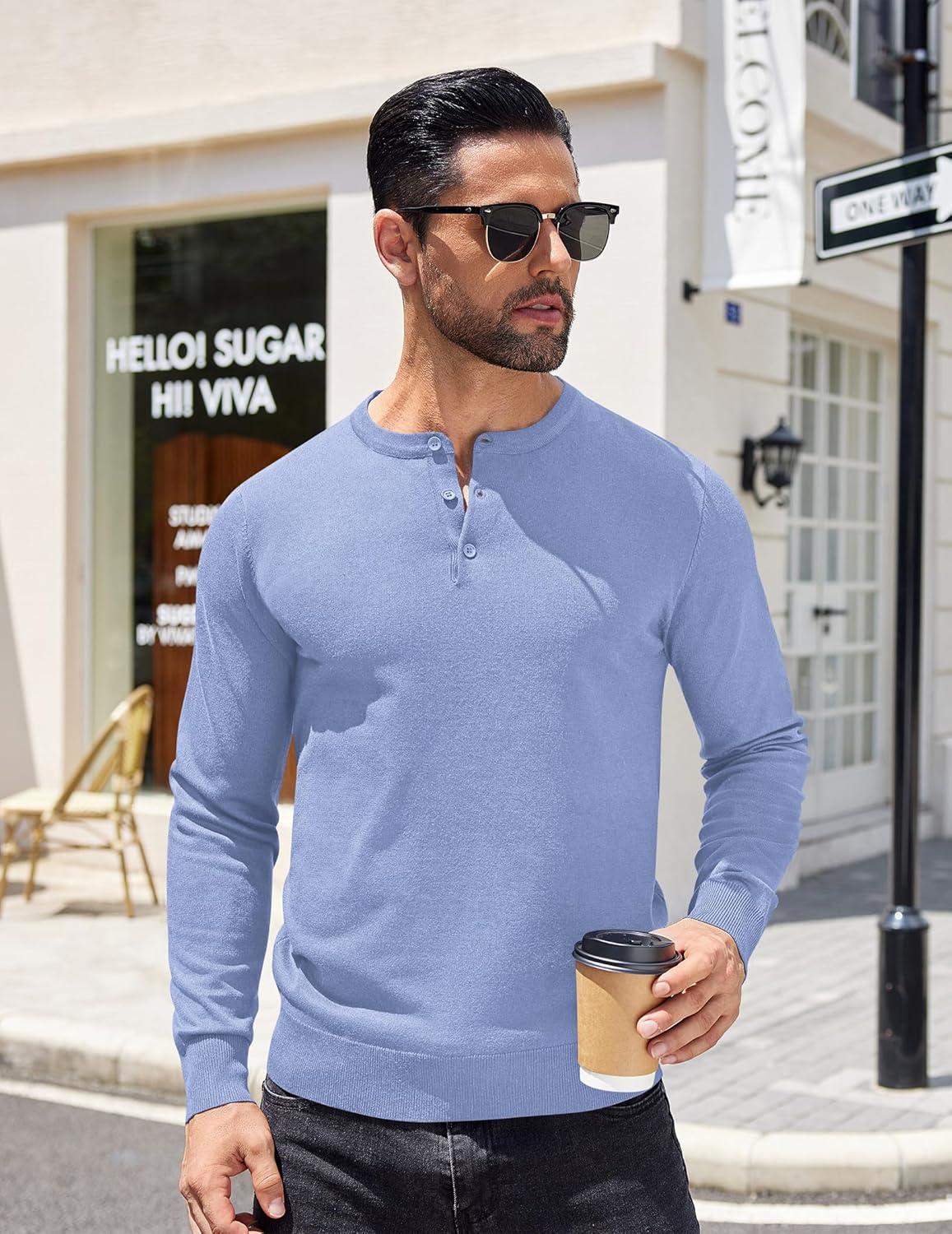 imageCOOFANDY Mens Knit Henley TShirts Dress Long Sleeve Sweater Casual Collarless Quarter Button PulloverLight Blue