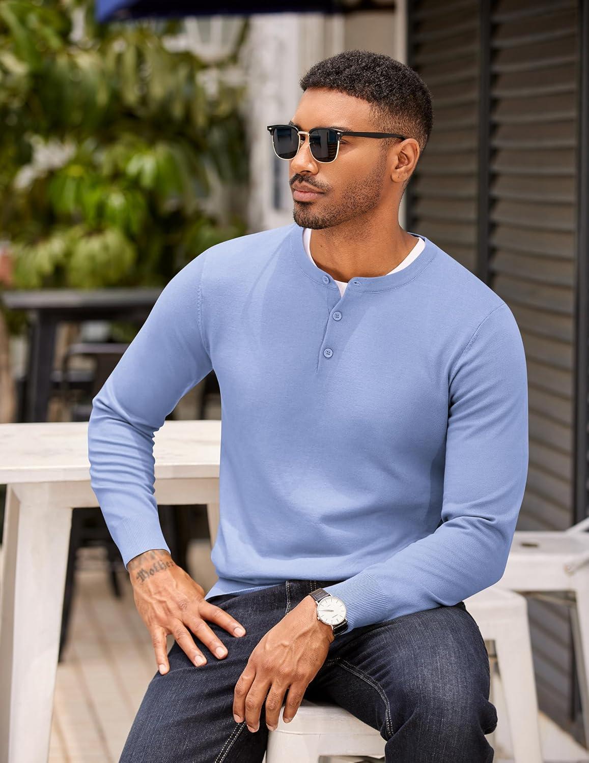 imageCOOFANDY Mens Knit Henley TShirts Dress Long Sleeve Sweater Casual Collarless Quarter Button PulloverLight Blue