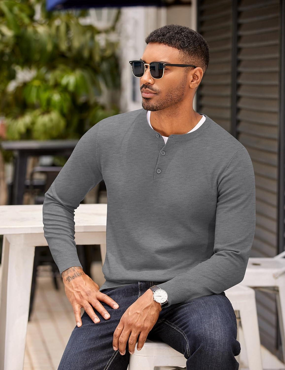 imageCOOFANDY Mens Knit Henley TShirts Dress Long Sleeve Sweater Casual Collarless Quarter Button PulloverMedium Gray