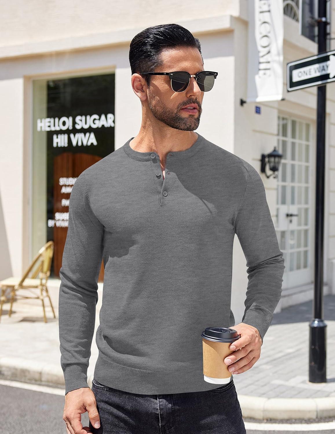 imageCOOFANDY Mens Knit Henley TShirts Dress Long Sleeve Sweater Casual Collarless Quarter Button PulloverMedium Gray