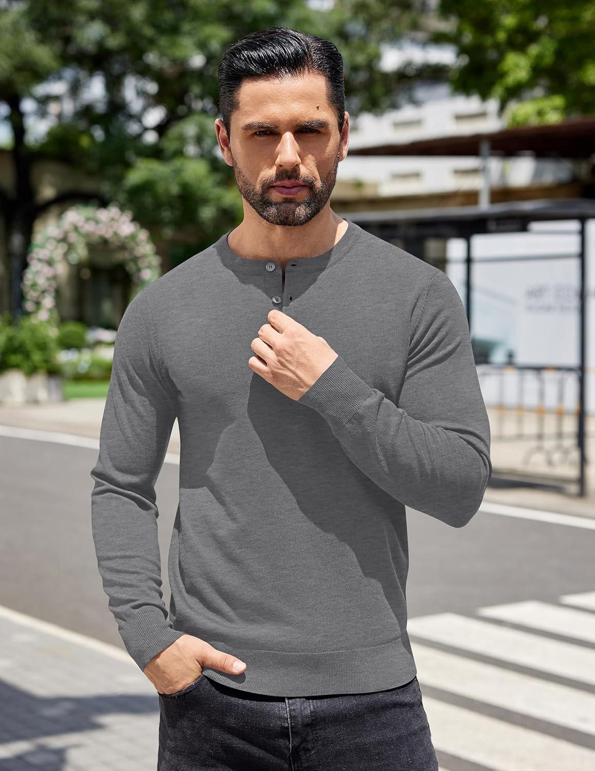 imageCOOFANDY Mens Knit Henley TShirts Dress Long Sleeve Sweater Casual Collarless Quarter Button PulloverMedium Gray