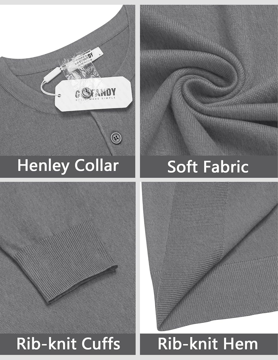 imageCOOFANDY Mens Knit Henley TShirts Dress Long Sleeve Sweater Casual Collarless Quarter Button PulloverMedium Gray