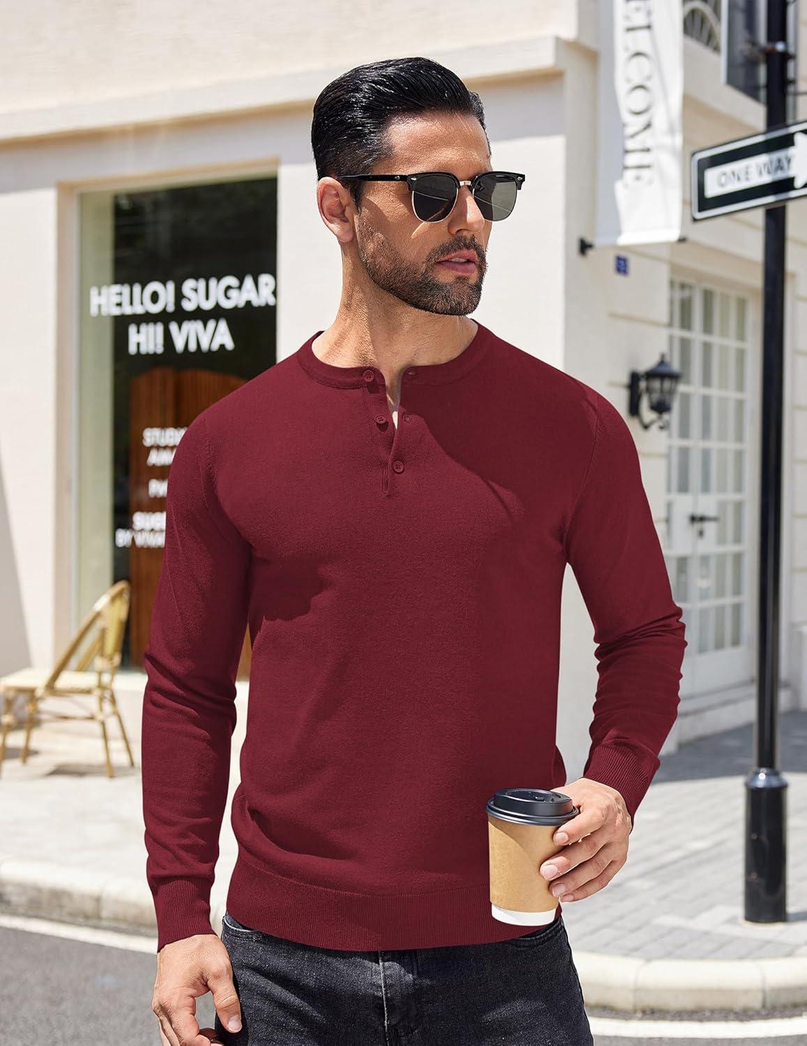 imageCOOFANDY Mens Knit Henley TShirts Dress Long Sleeve Sweater Casual Collarless Quarter Button PulloverWine Red