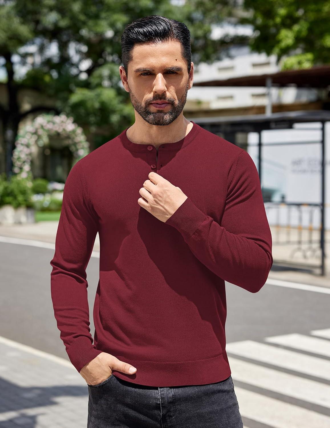 imageCOOFANDY Mens Knit Henley TShirts Dress Long Sleeve Sweater Casual Collarless Quarter Button PulloverWine Red