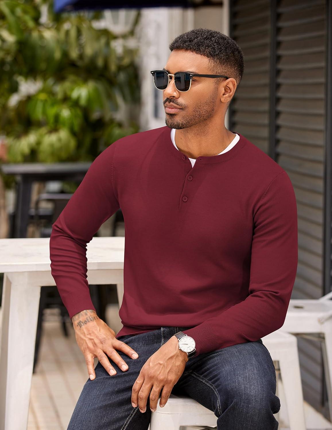 imageCOOFANDY Mens Knit Henley TShirts Dress Long Sleeve Sweater Casual Collarless Quarter Button PulloverWine Red