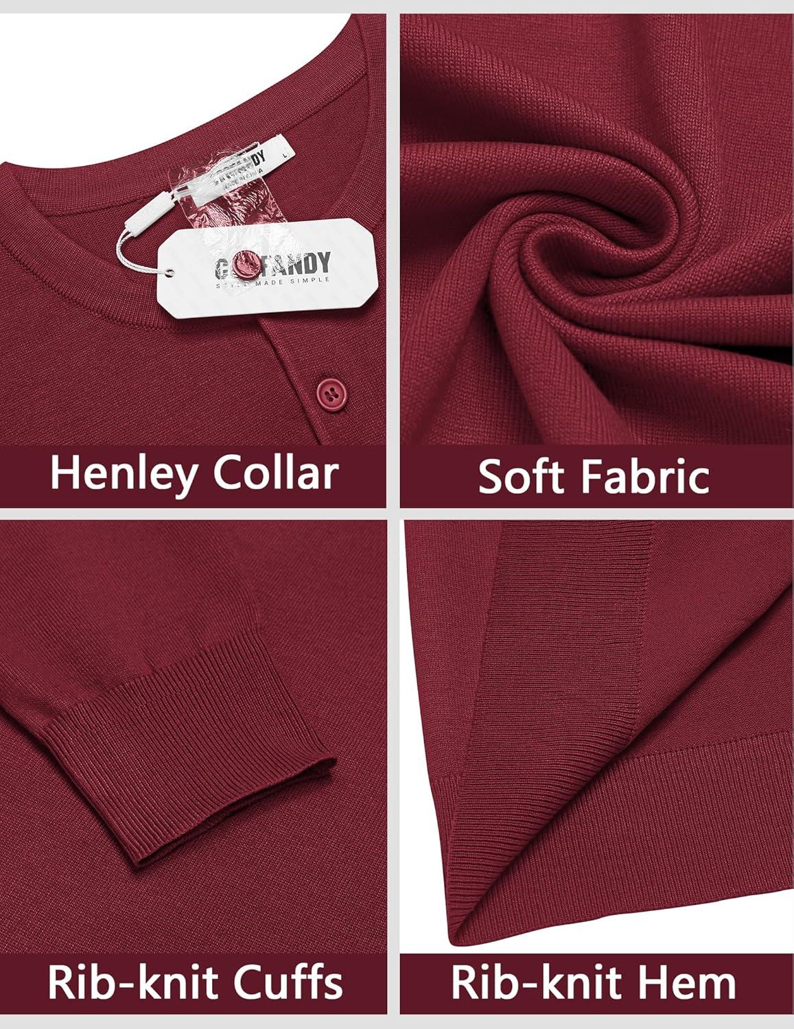 imageCOOFANDY Mens Knit Henley TShirts Dress Long Sleeve Sweater Casual Collarless Quarter Button PulloverWine Red