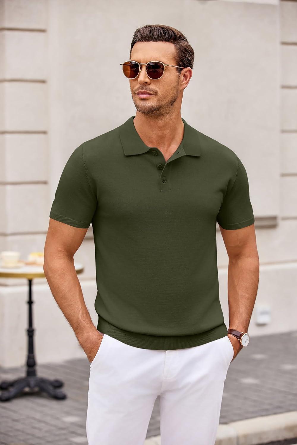 imageCOOFANDY Mens Knit Polo Shirts Casual Short Sleeve Button Down Polo Shirt Classic Golf ShirtsArmy Green